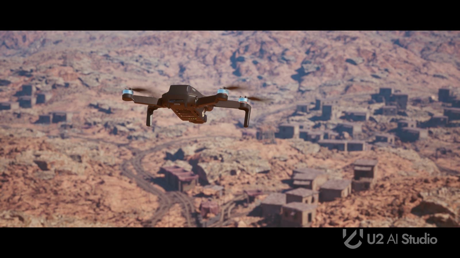 Unmanned aerial platform over terrain in the simulation