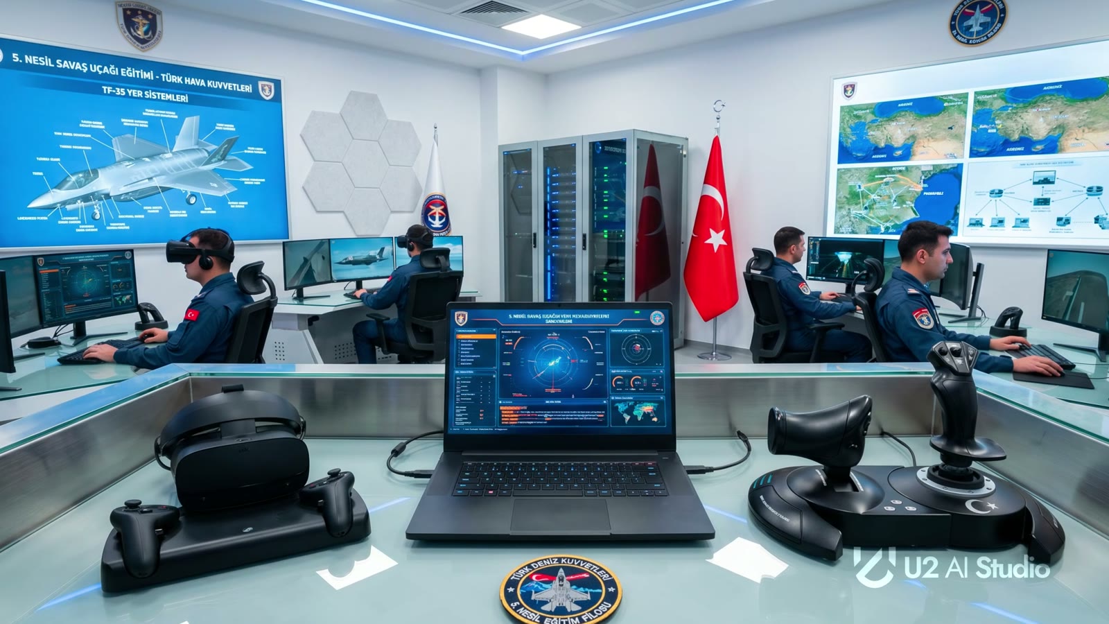 Deployed training environment with desktop stations, HOTAS and VR headsets