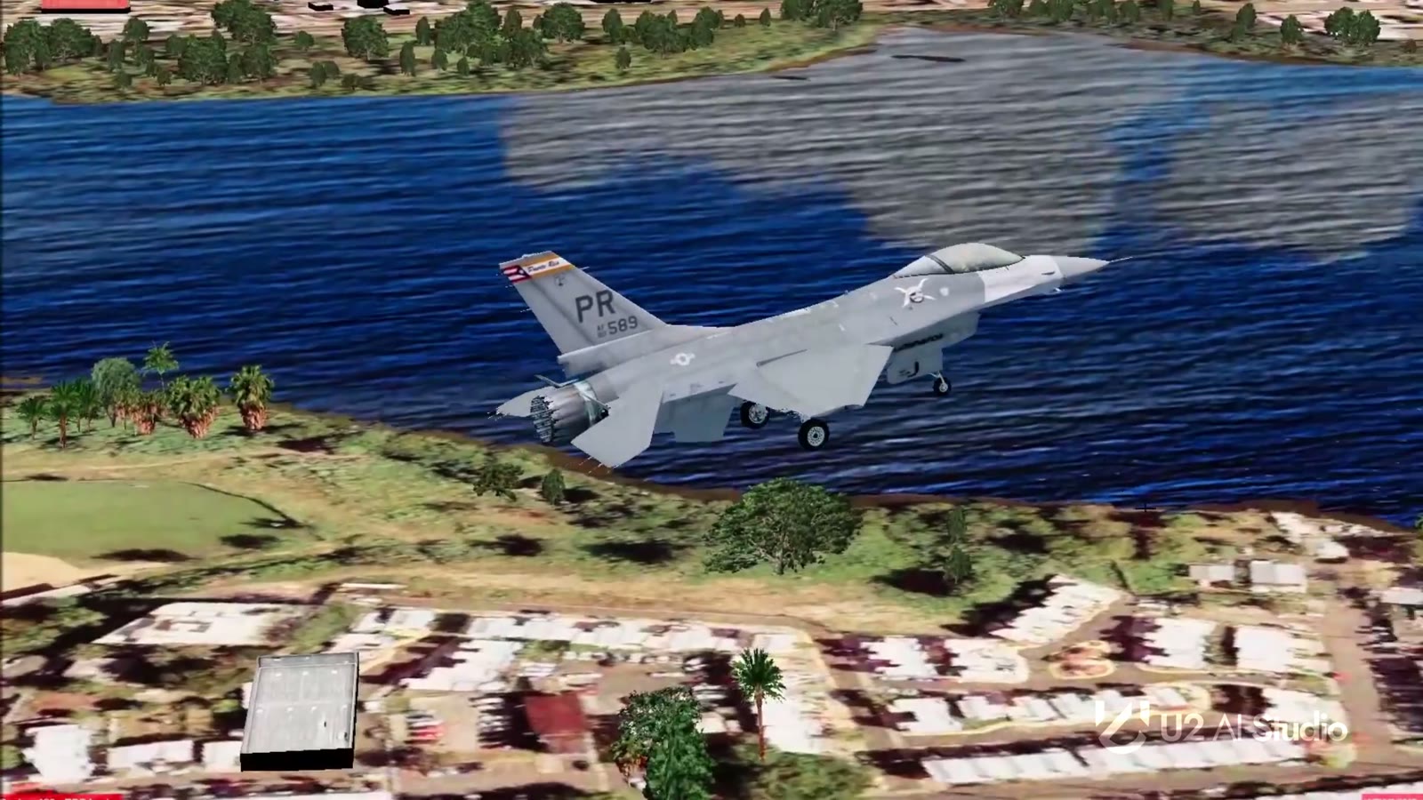 Fighter aircraft over a coastal city in the simulation environment